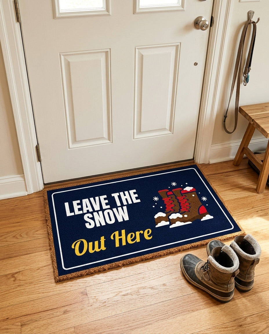 Leave The Snow Out Here welcome mat in a home entryway