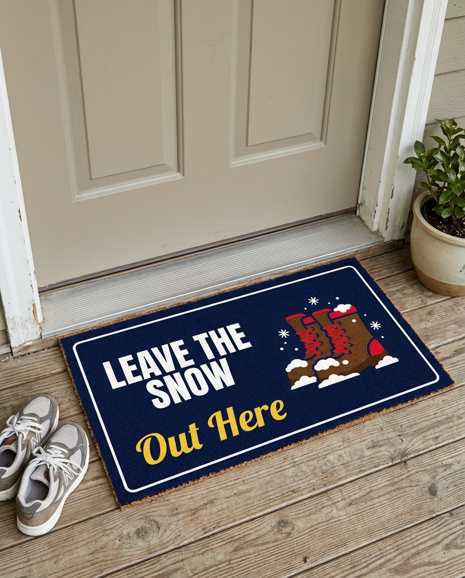 Leave The Snow Out Here winter doormat on a front porch