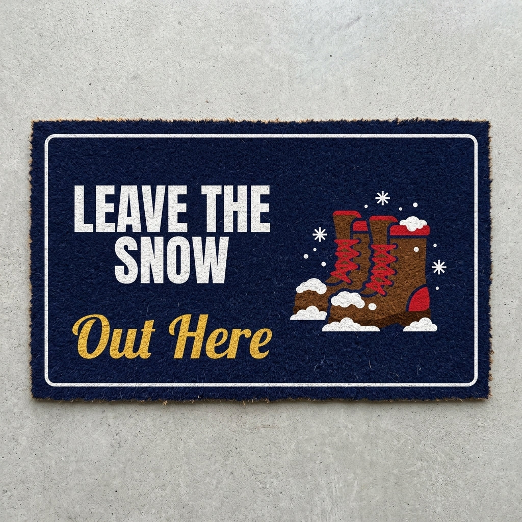 Leave The Snow Out Here doormat 30x18 in navy with snowy boots