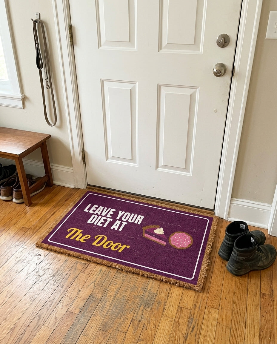 Leave Your Diet At The Door welcome mat in a home entryway