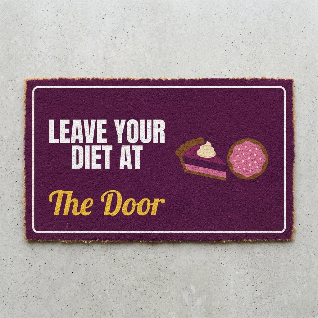 Leave Your Diet At The Door doormat 30x18 in purple with pie and a cookie