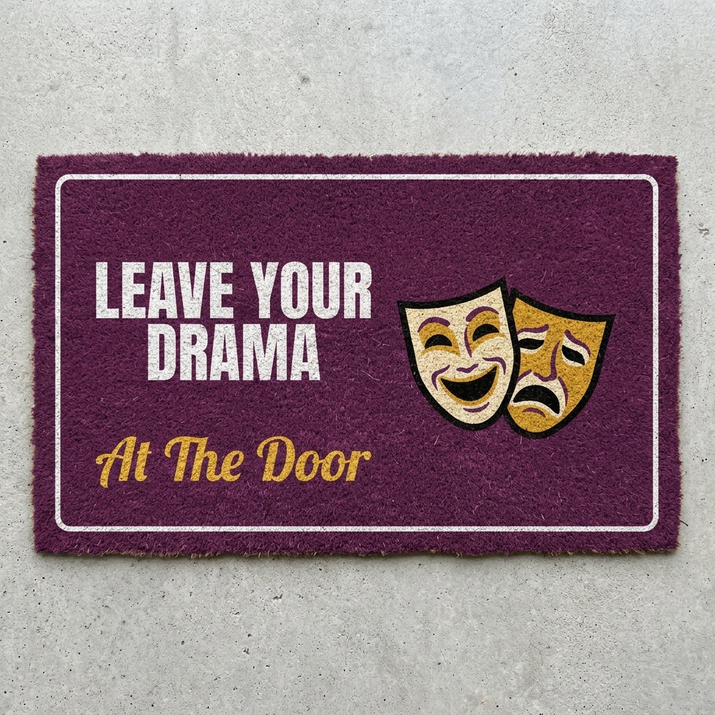 Leave Your Drama At The Door doormat 30x18 in plum with theater masks