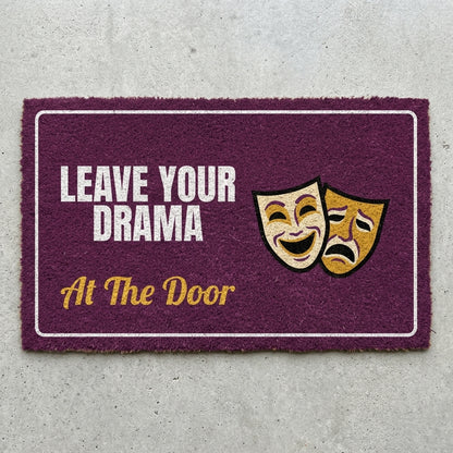 Leave Your Drama At The Door doormat 30x18 in plum with theater masks