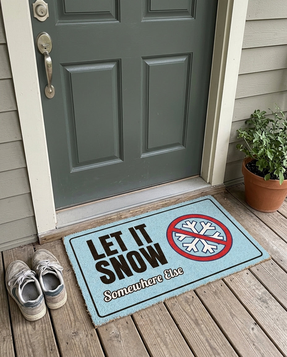 Let It Snow Somewhere Else funny winter doormat on a front porch