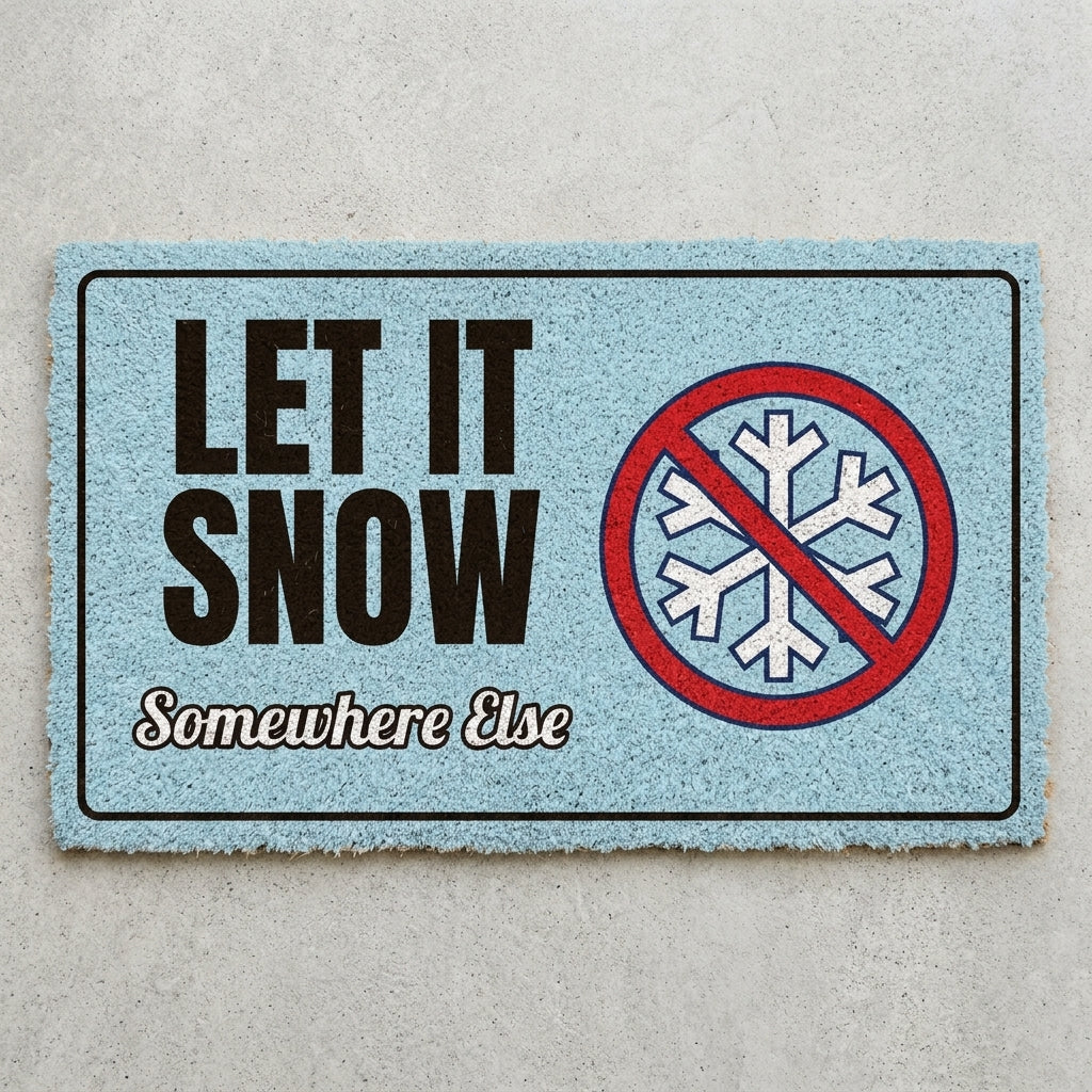 Let It Snow Somewhere Else doormat 30x18 in light blue with a crossed out snowflake