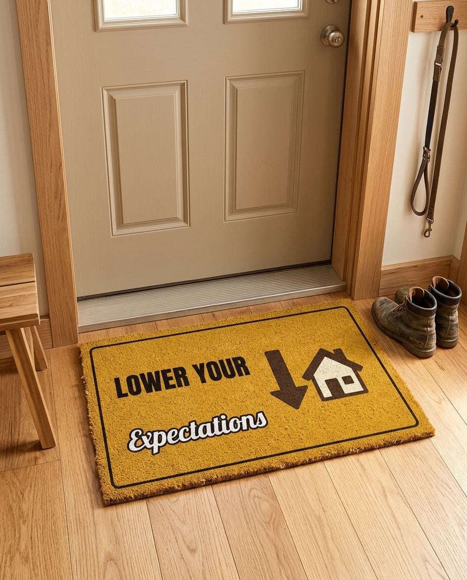 Lower Your Expectations welcome mat in a home entryway