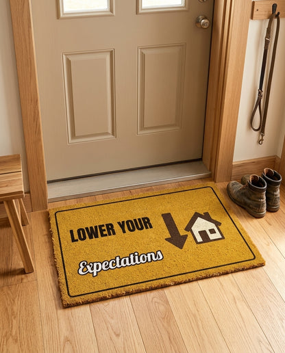 Lower Your Expectations welcome mat in a home entryway