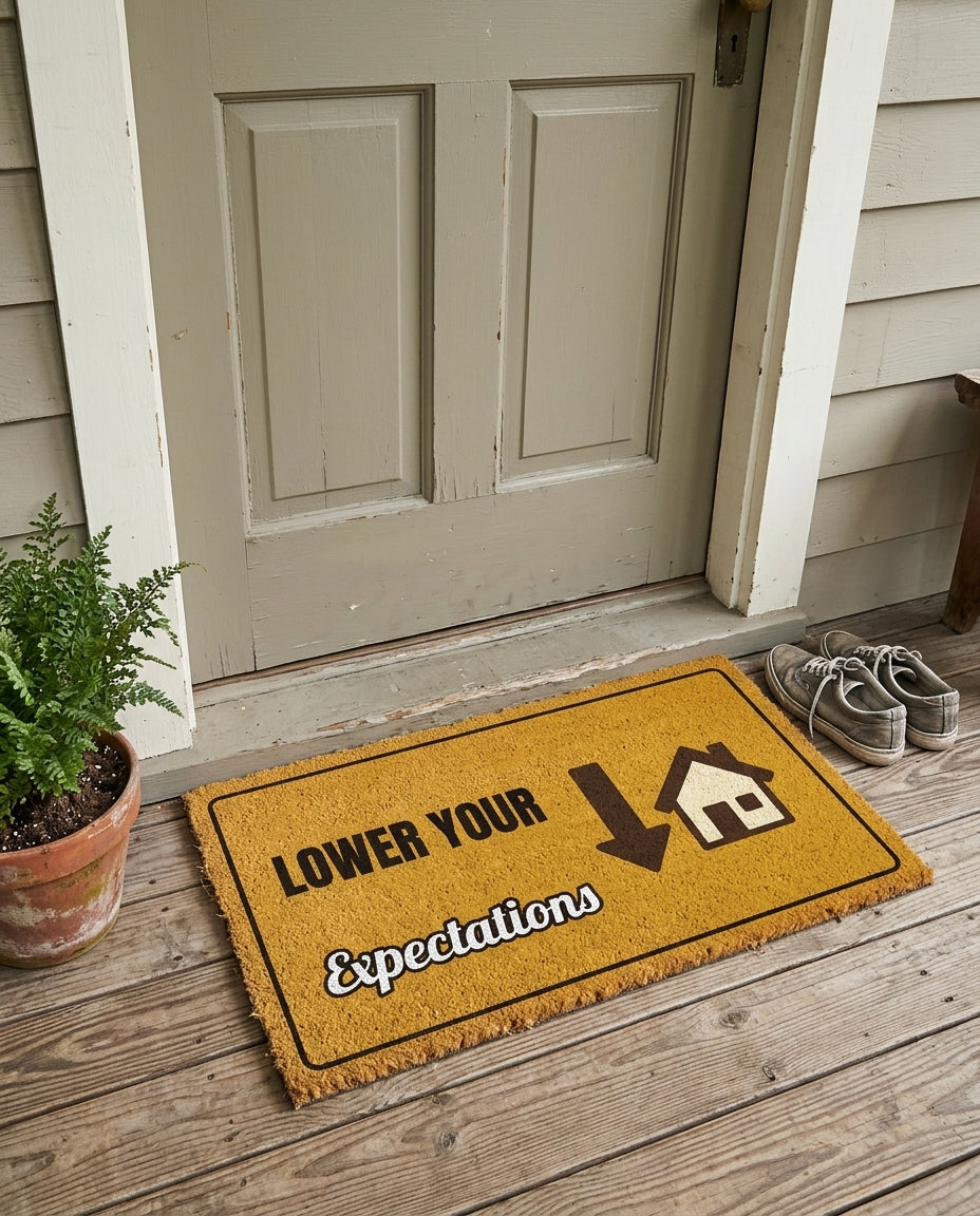 Lower Your Expectations funny doormat on a front porch