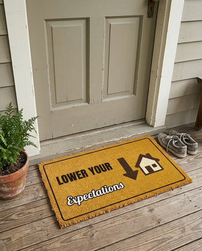 Lower Your Expectations funny doormat on a front porch