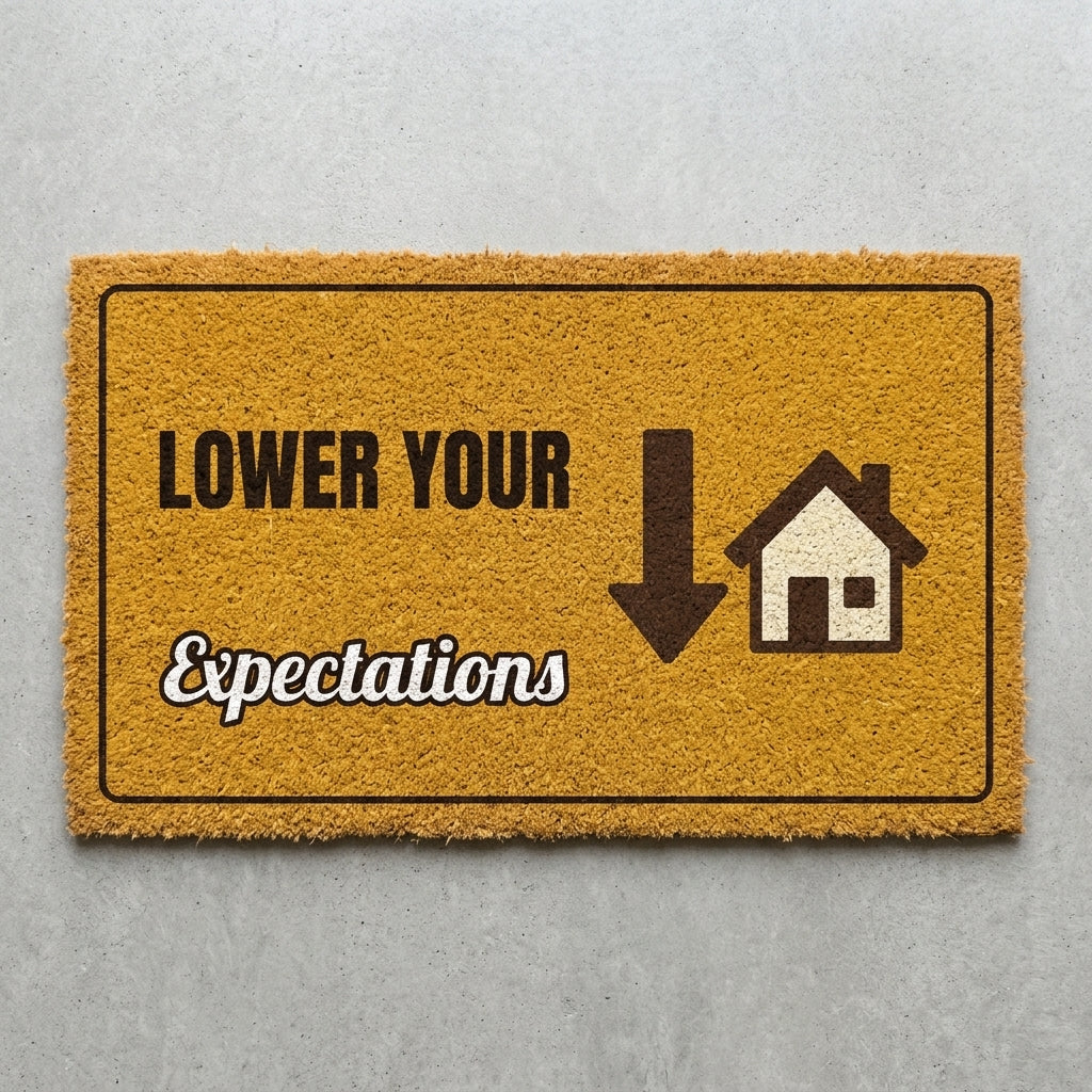 Lower Your Expectations doormat 30x18 in mustard with a down arrow and a house