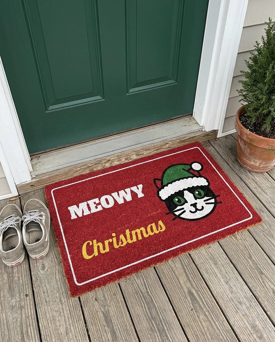 Meowy Christmas cat Christmas doormat on a front porch