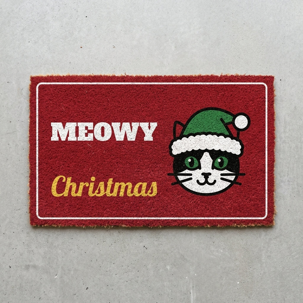 Meowy Christmas doormat 30x18 in red with a cat in a Santa hat