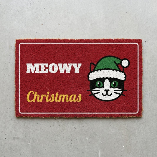 Meowy Christmas doormat 30x18 in red with a cat in a Santa hat