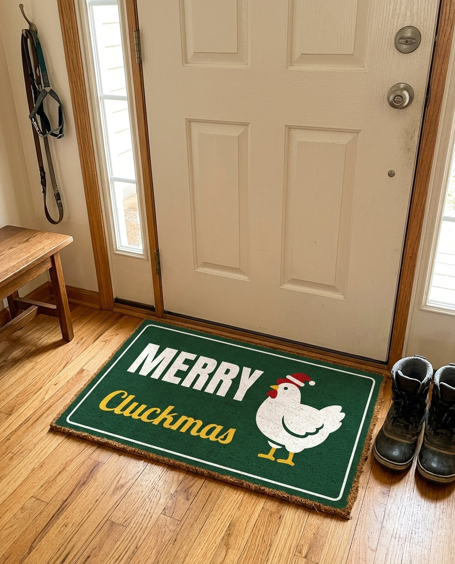 Merry Cluckmas welcome mat in a home entryway
