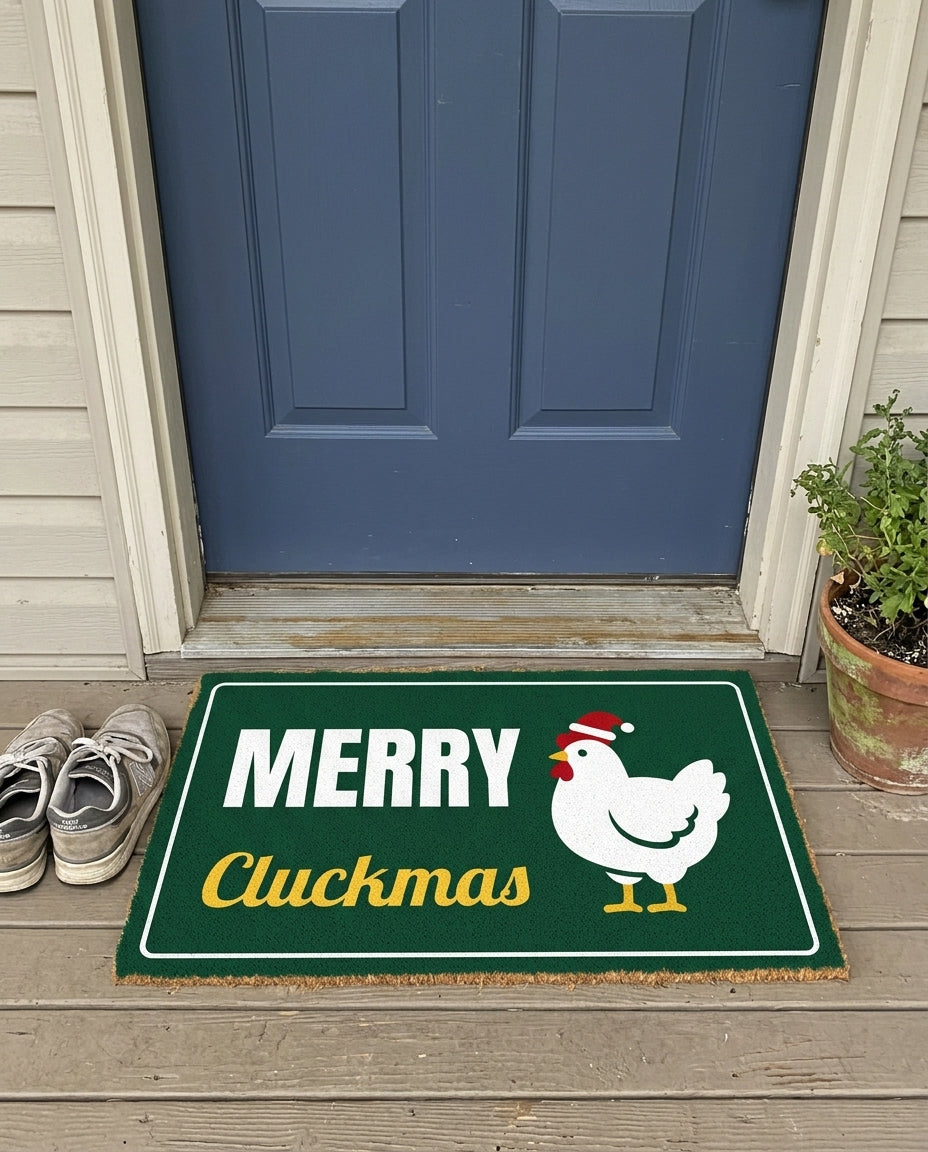 Merry Cluckmas chicken Christmas doormat on a front porch