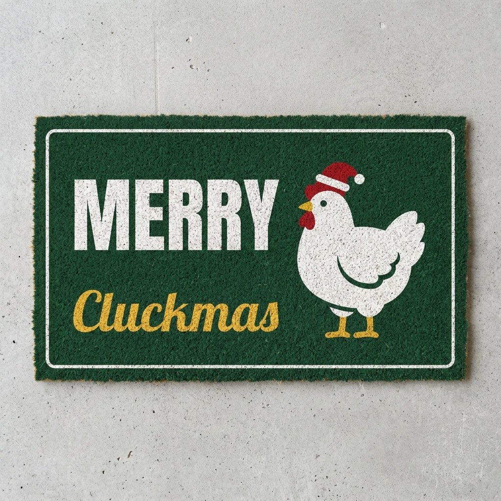 Merry Cluckmas doormat 30x18 in dark green with a hen in a Santa hat