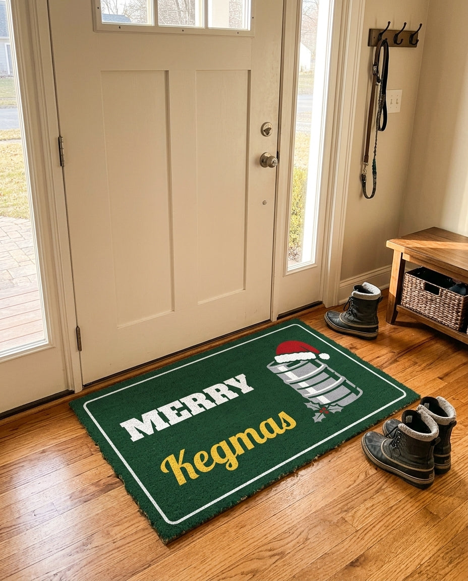 Merry Kegmas welcome mat in a home entryway