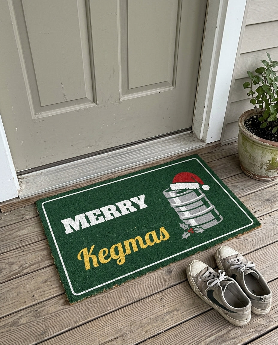 Merry Kegmas Christmas party doormat on a front porch