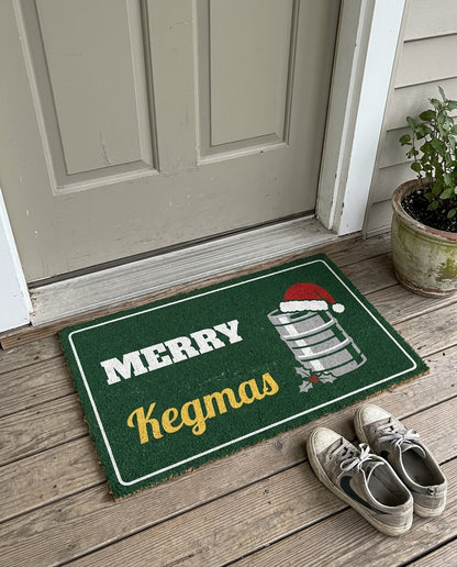 Merry Kegmas Christmas party doormat on a front porch