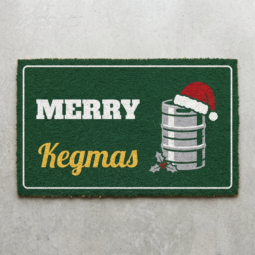 Merry Kegmas doormat 30x18 in dark green with a keg in a Santa hat