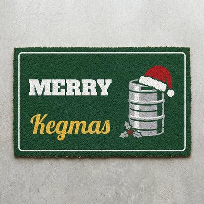 Merry Kegmas doormat 30x18 in dark green with a keg in a Santa hat