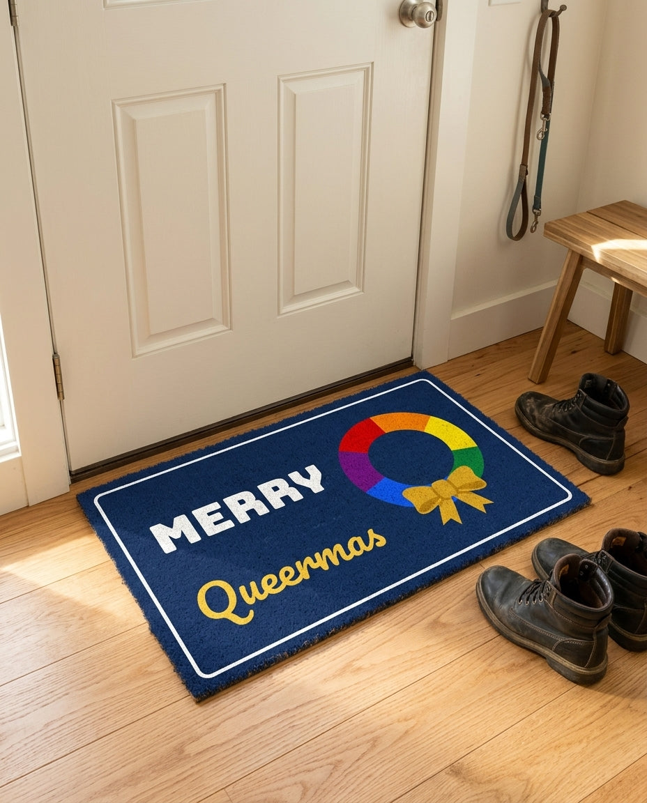 Merry Queermas welcome mat in a home entryway