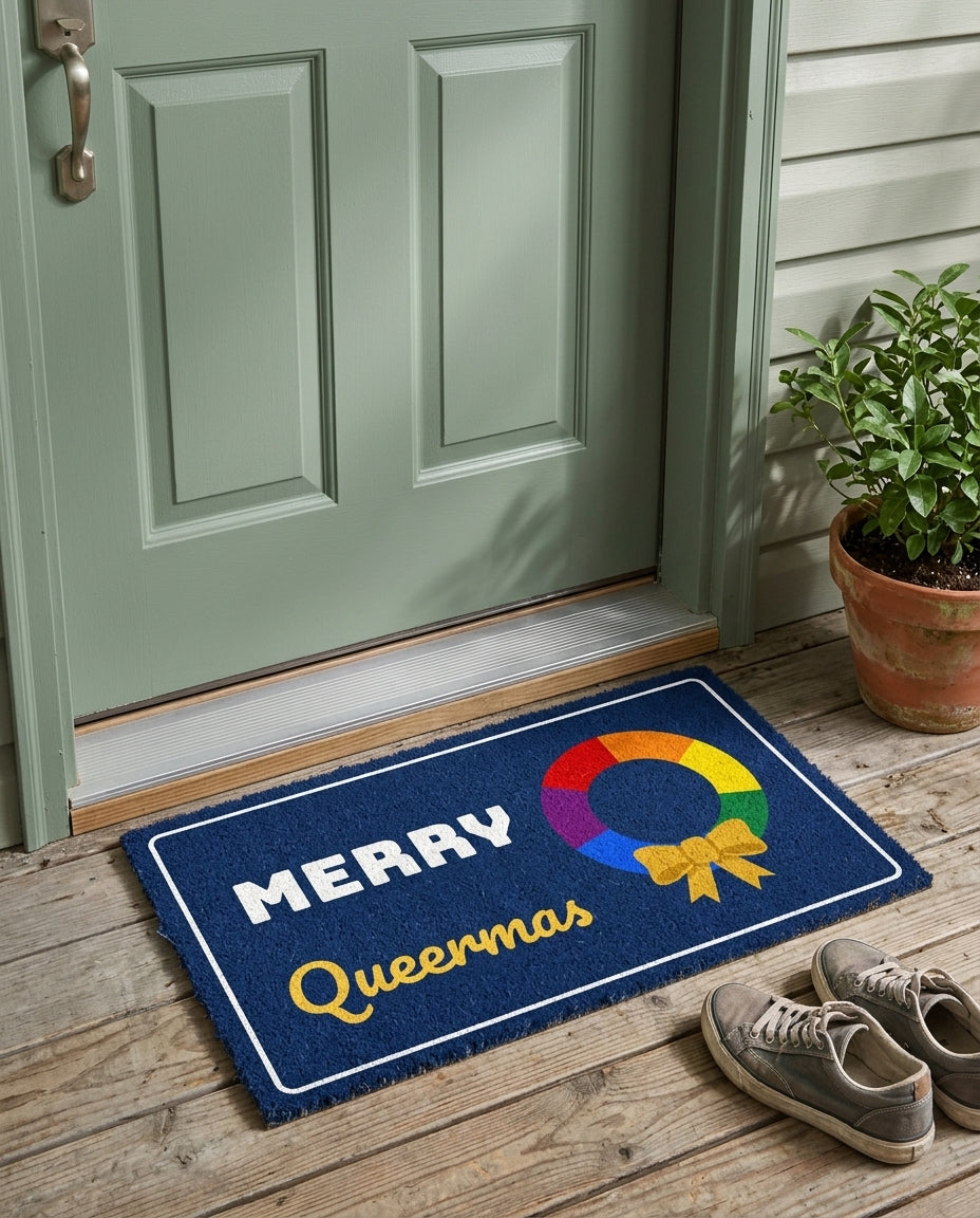 Merry Queermas pride Christmas doormat on a front porch