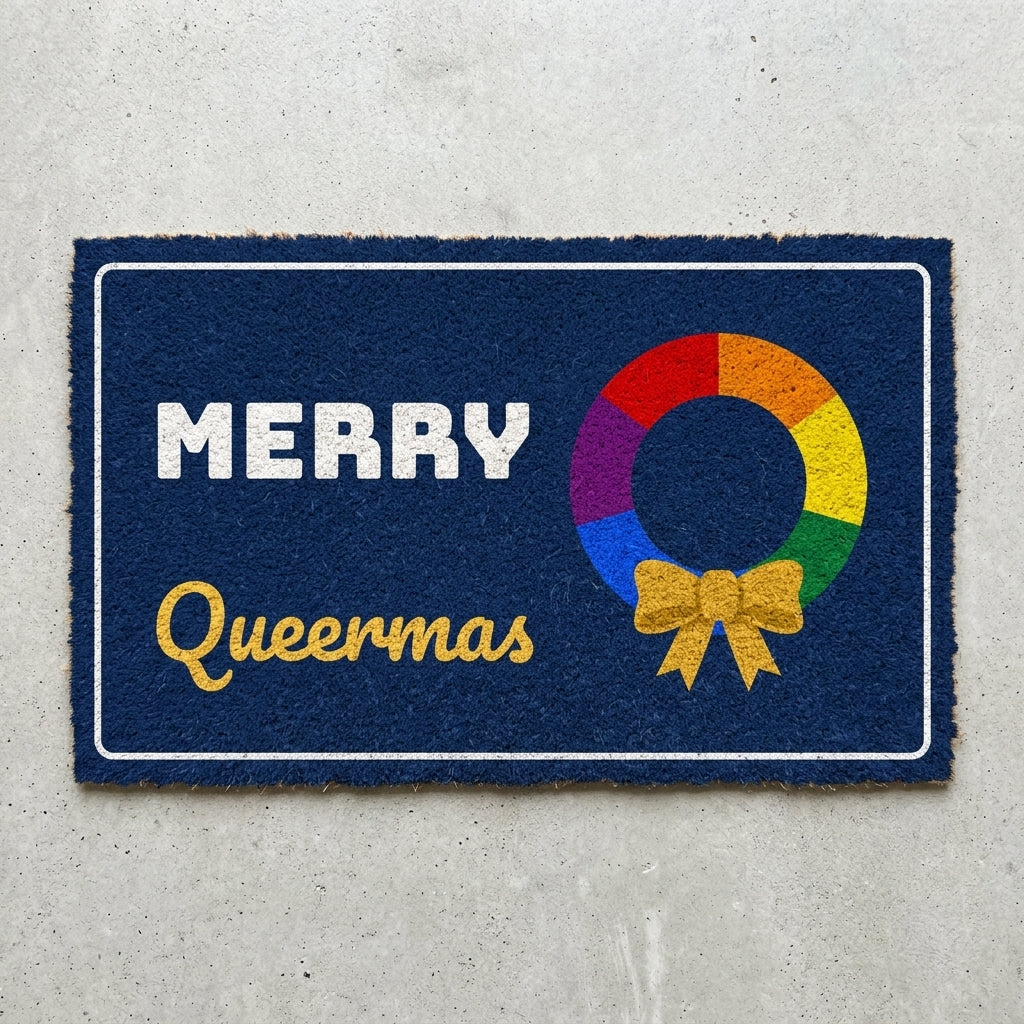 Merry Queermas doormat 30x18 in navy with a rainbow wreath