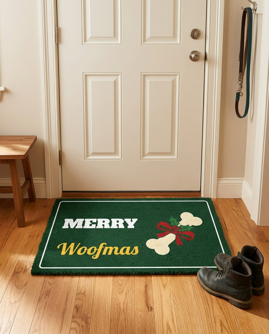 Merry Woofmas welcome mat in a home entryway