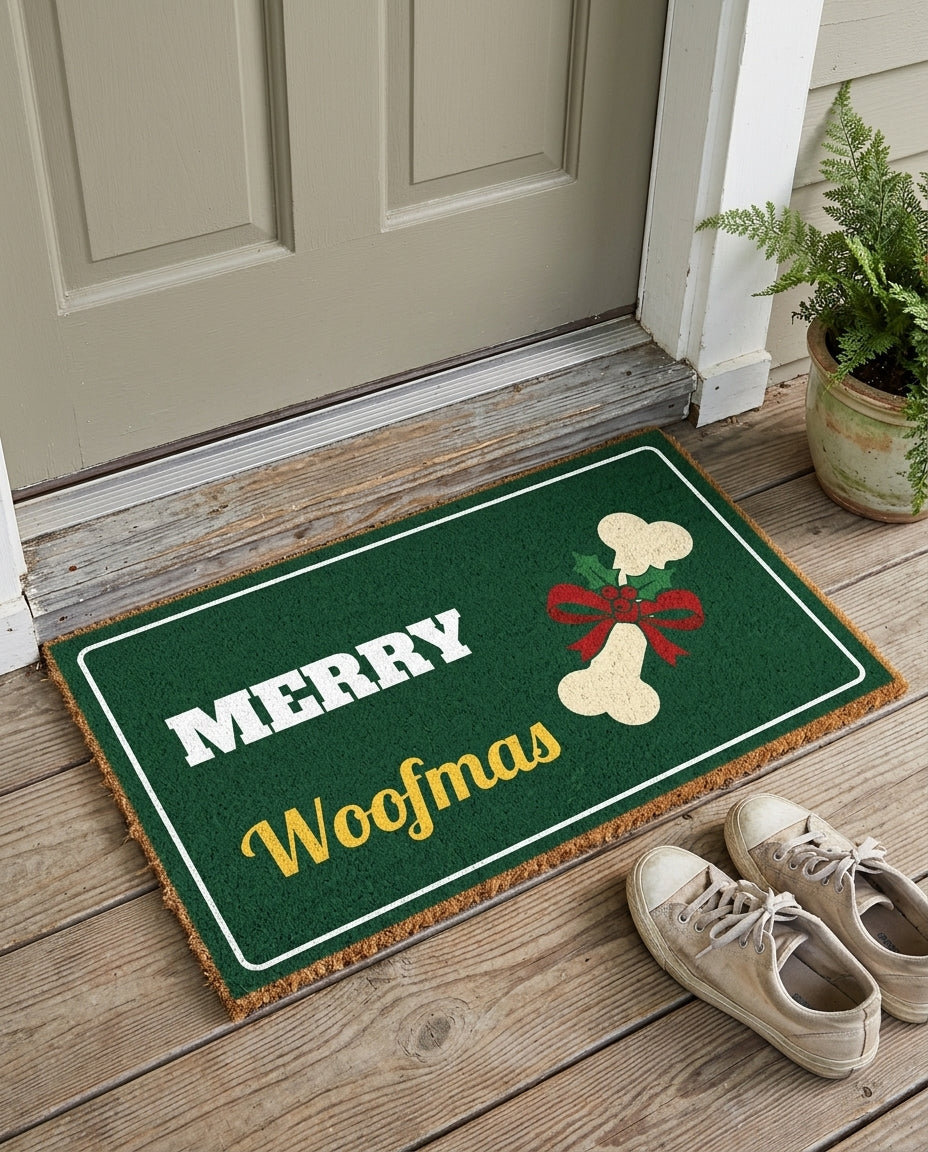 Merry Woofmas dog Christmas doormat on a front porch