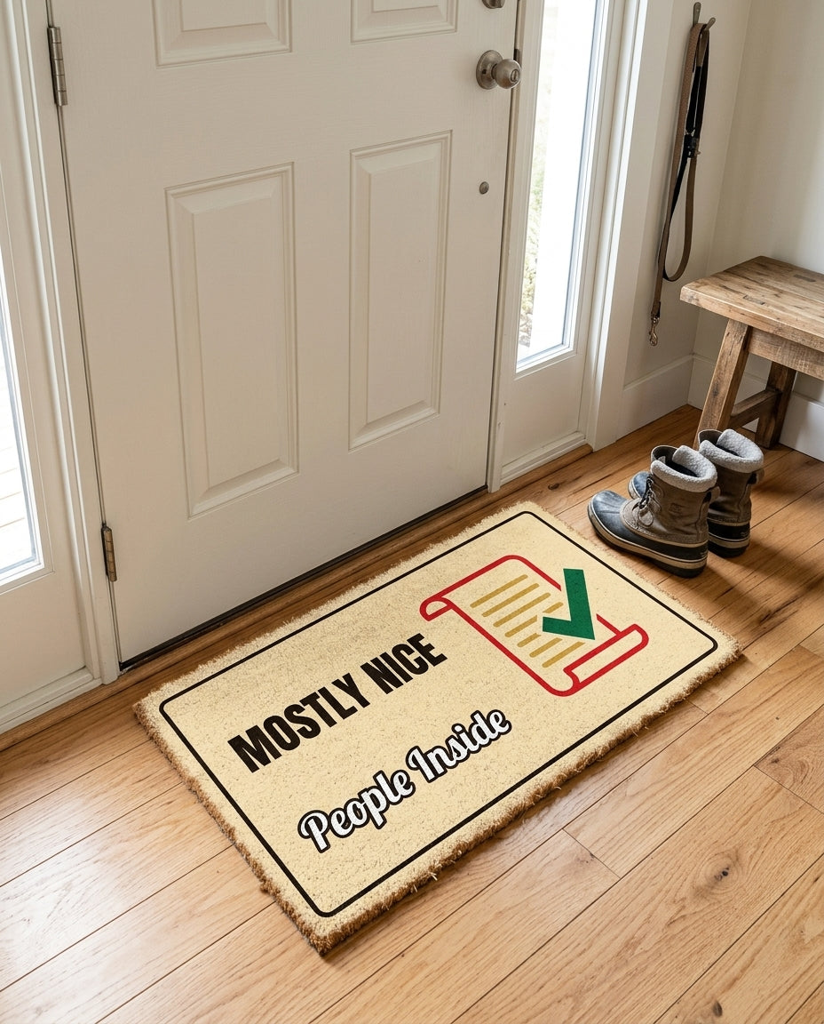 Mostly Nice People Inside welcome mat in a home entryway