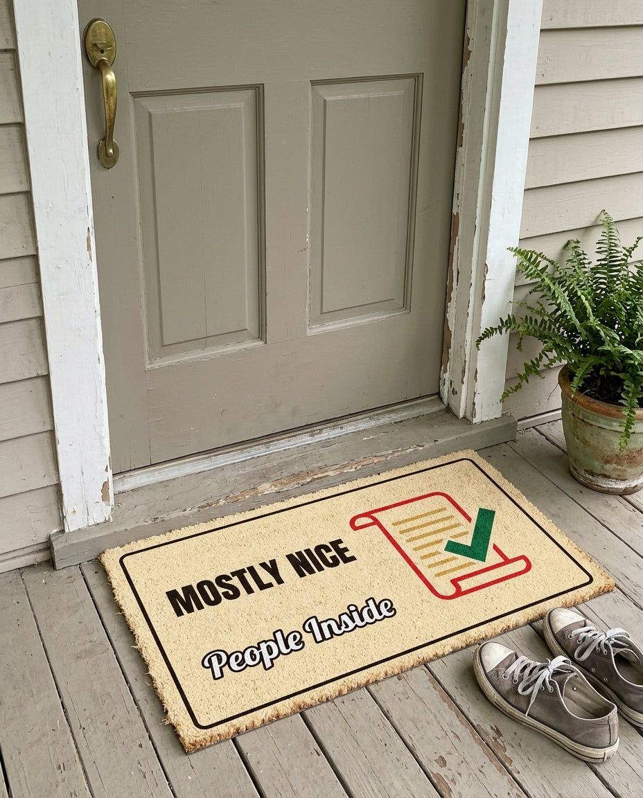 Mostly Nice People Inside funny Christmas doormat on a front porch