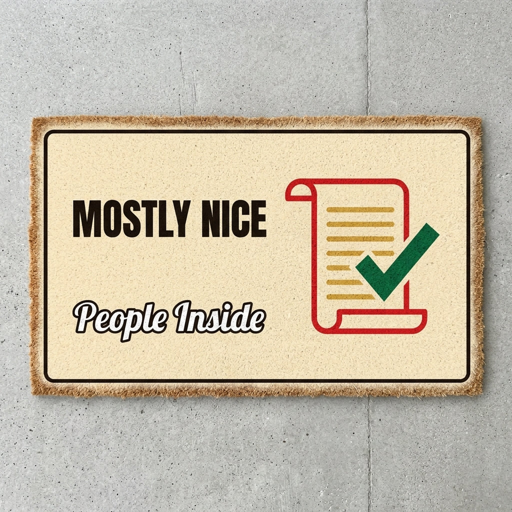 Mostly Nice People Inside doormat 30x18 in cream with a checked list scroll