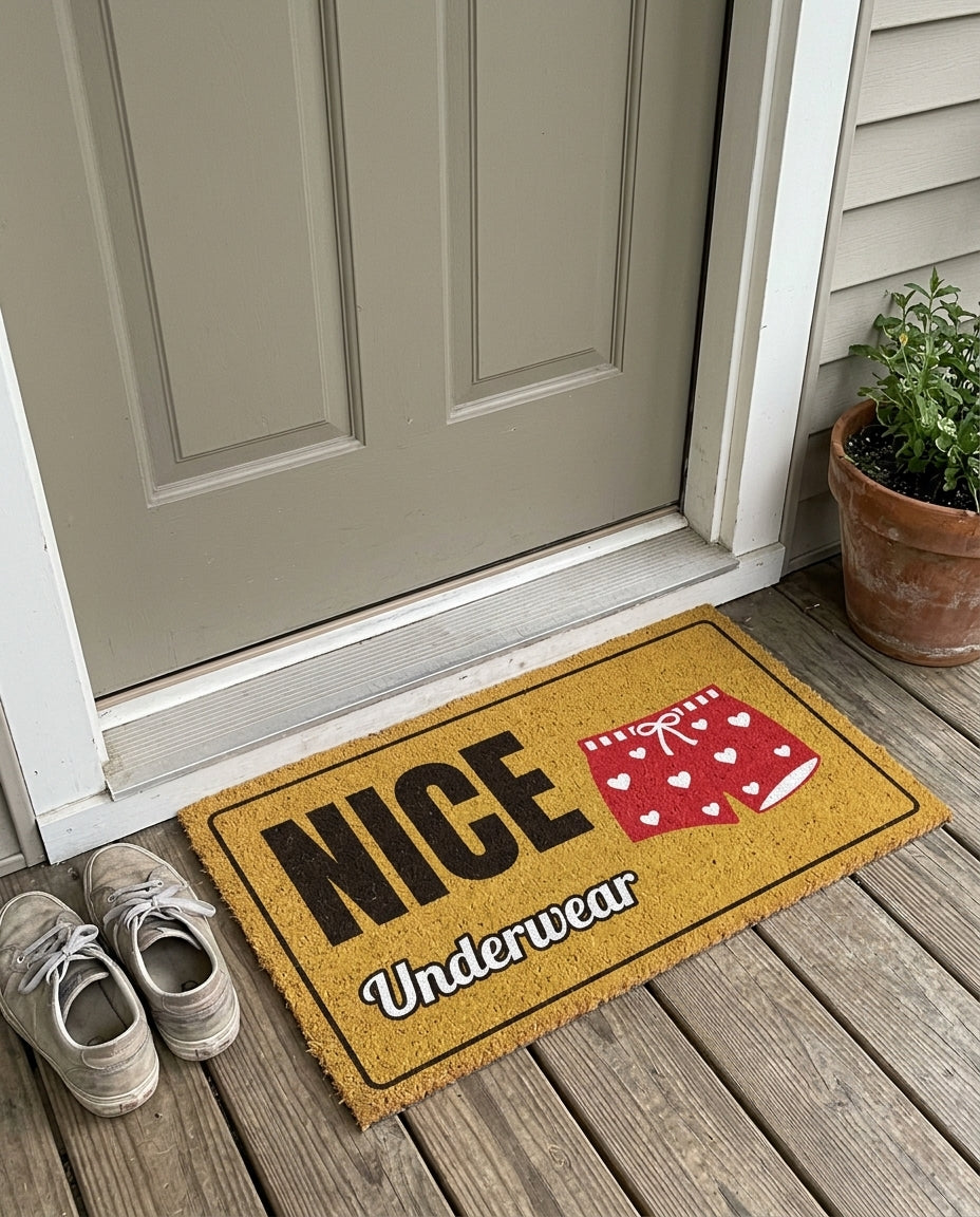 Nice Underwear funny doormat on a front porch