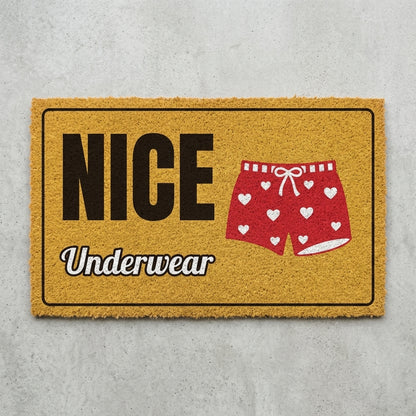 Nice Underwear doormat 30x18 in mustard with red heart boxers