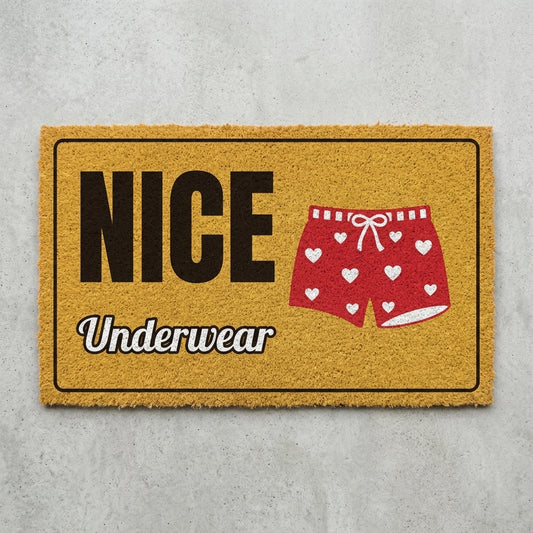 Nice Underwear doormat 30x18 in mustard with red heart boxers