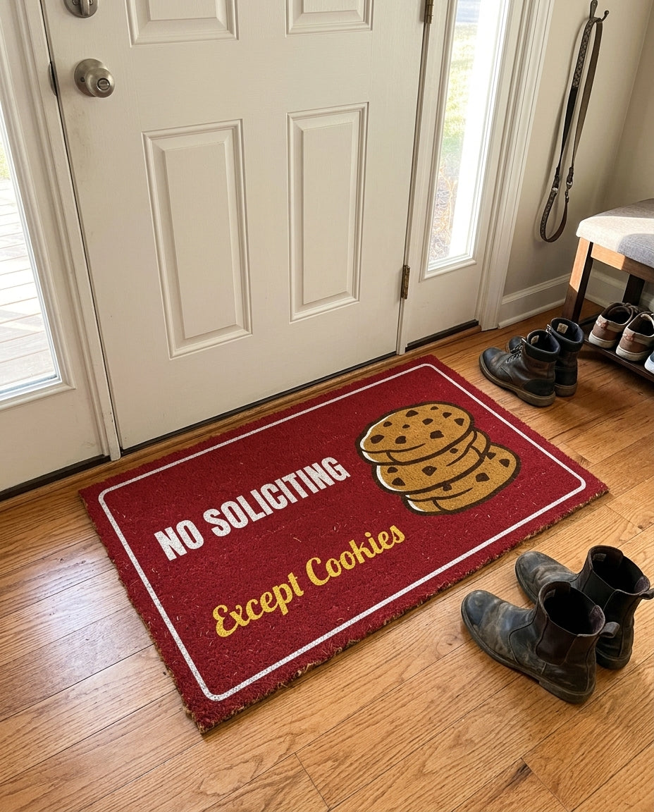 No Soliciting Except Cookies welcome mat in a home entryway