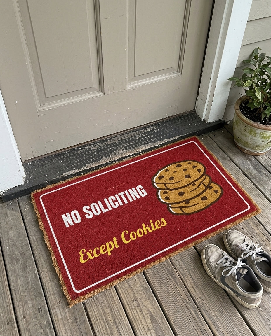No Soliciting Except Cookies funny holiday doormat on a front porch
