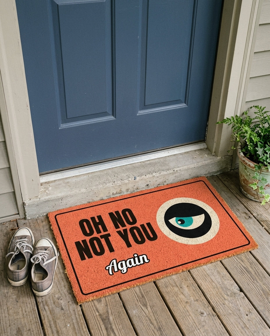 Oh No Not You Again funny doormat on a front porch