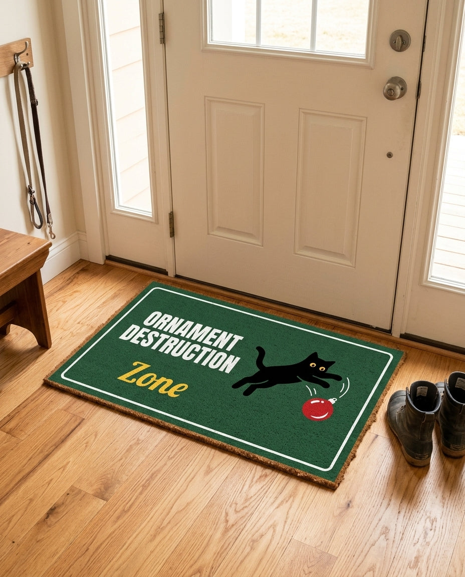 Ornament Destruction Zone welcome mat in a home entryway