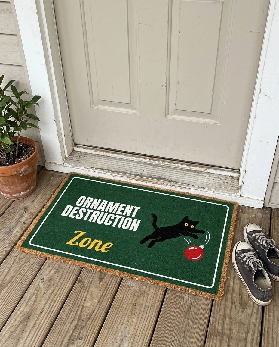 Ornament Destruction Zone funny cat Christmas doormat on a front porch