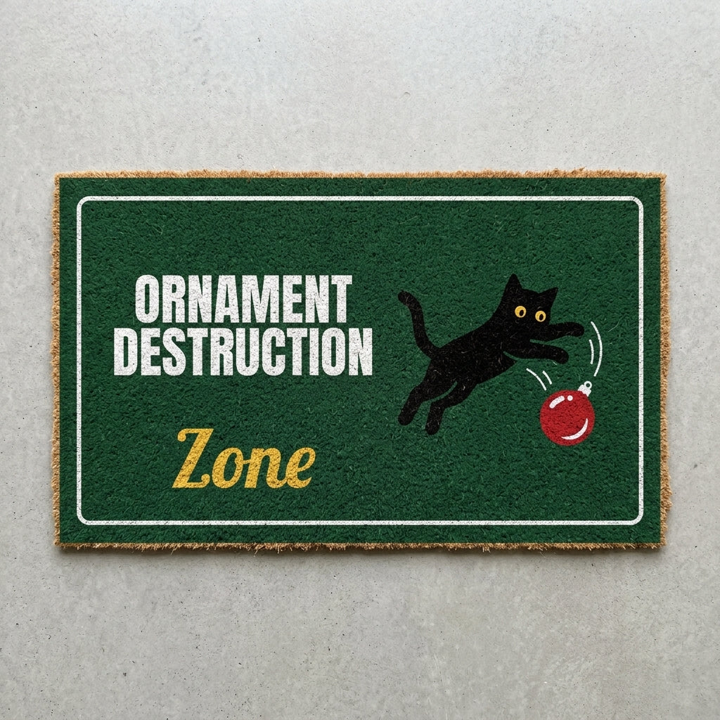 Ornament Destruction Zone doormat 30x18 in dark green with a cat swatting an ornament