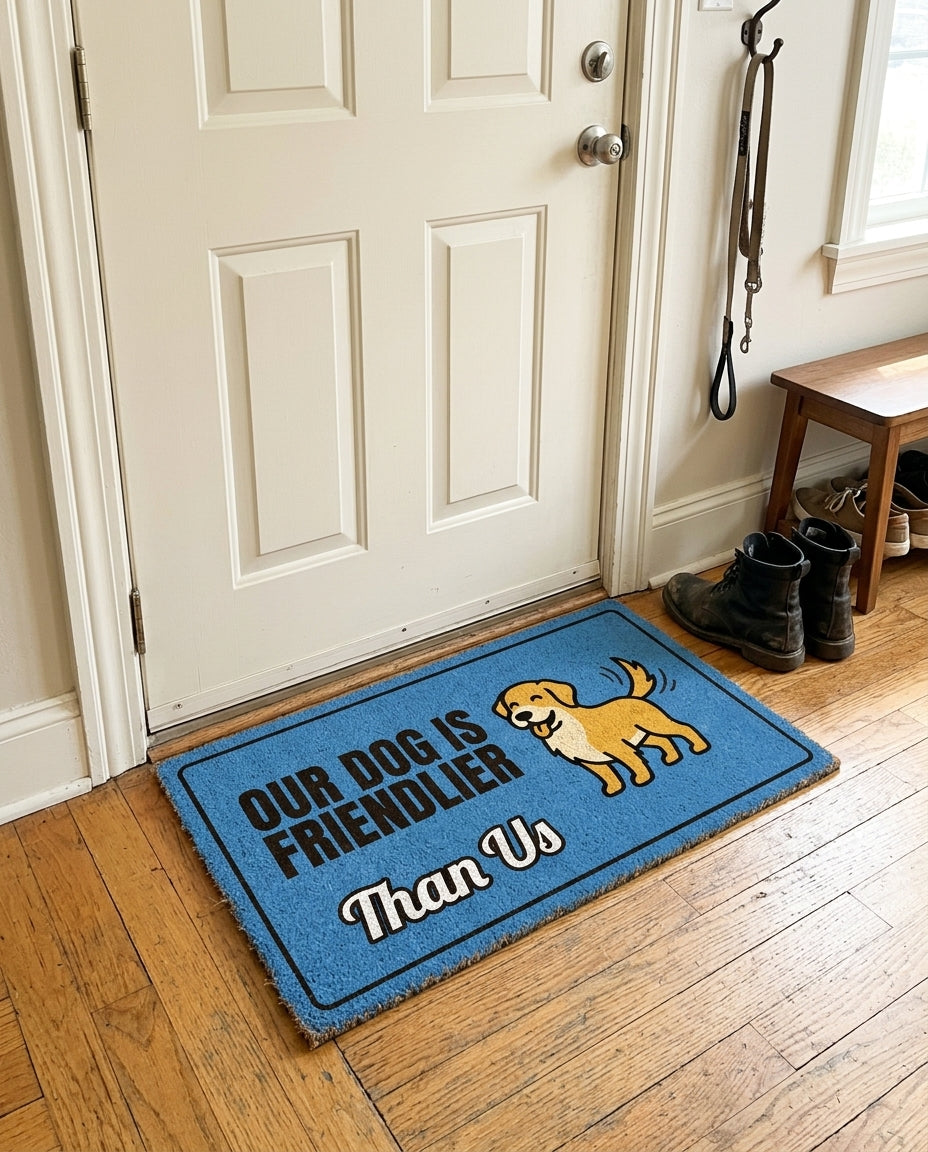 Our Dog Is Friendlier Than Us welcome mat in a home entryway