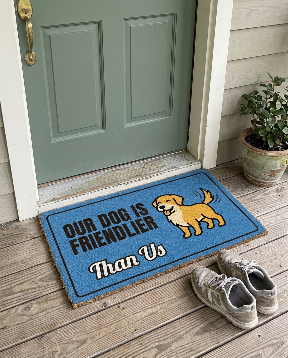 Our Dog Is Friendlier Than Us funny dog doormat on a front porch