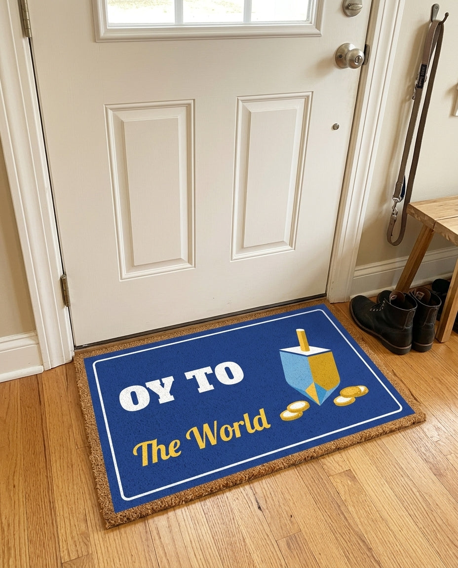 Oy To The World welcome mat in a home entryway