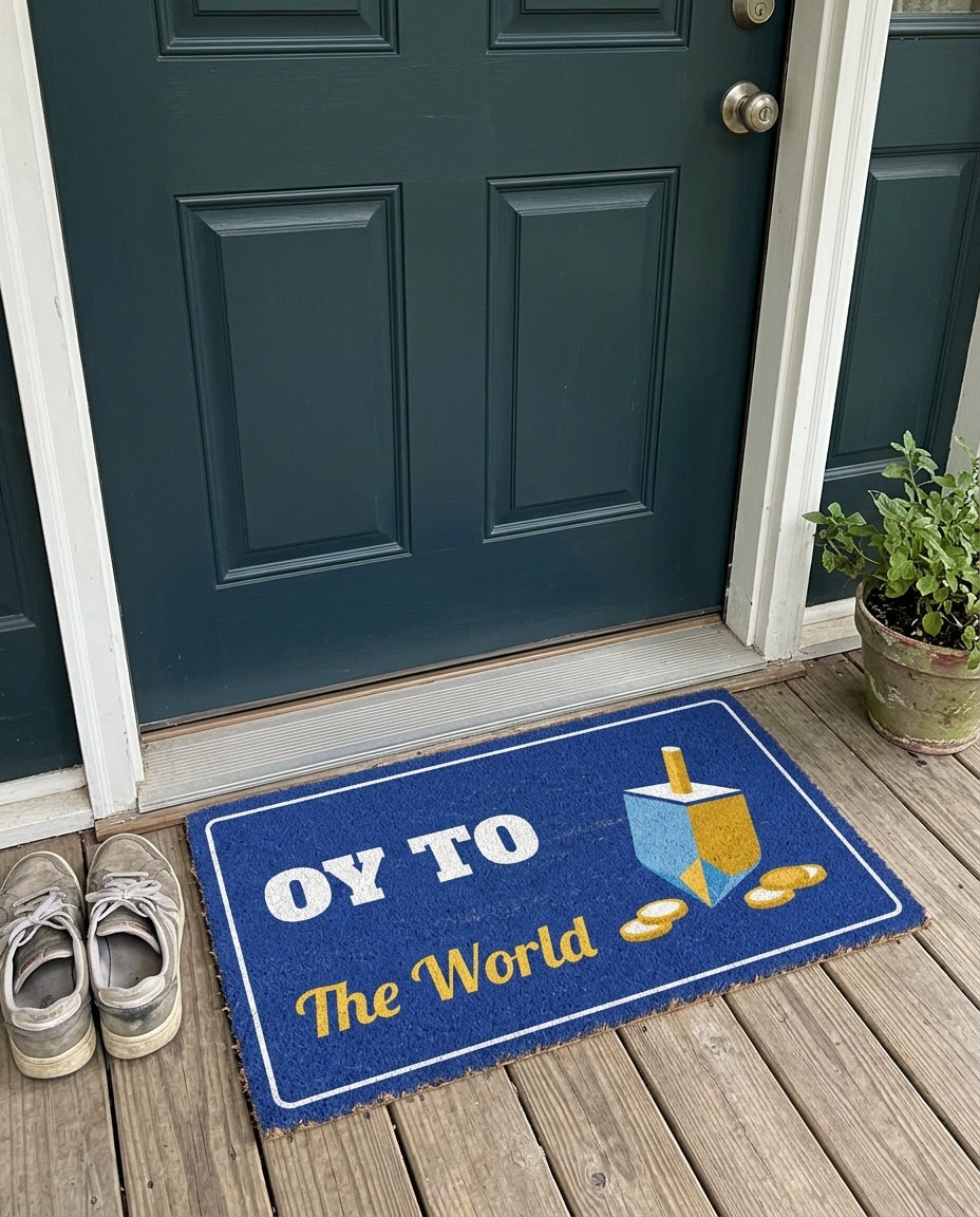 Oy To The World Hanukkah doormat on a front porch