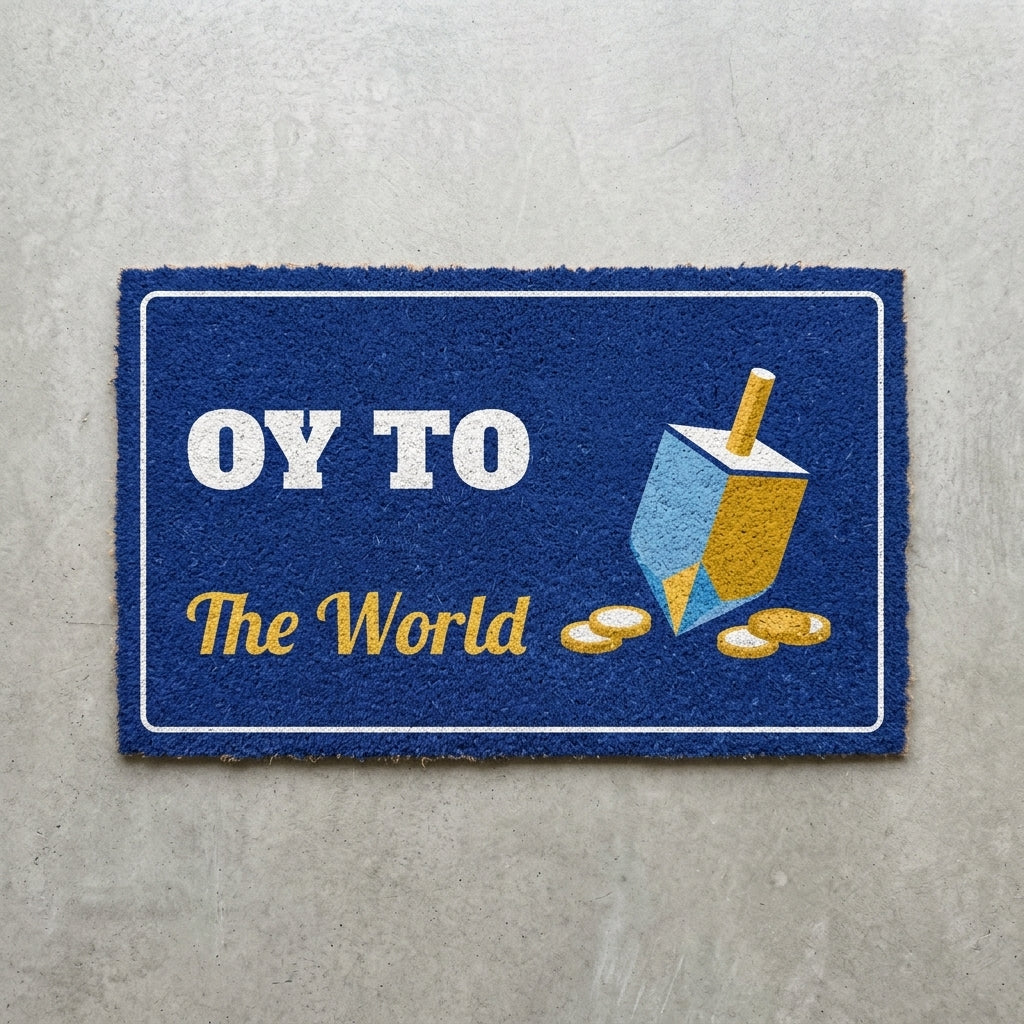 Oy To The World doormat 30x18 in royal blue with a dreidel and gold coins