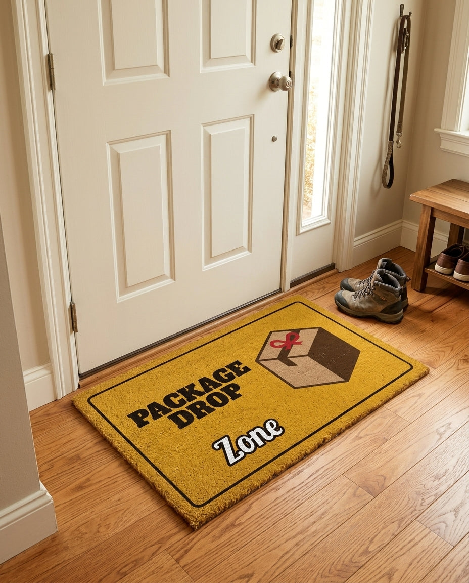 Package Drop Zone welcome mat in a home entryway
