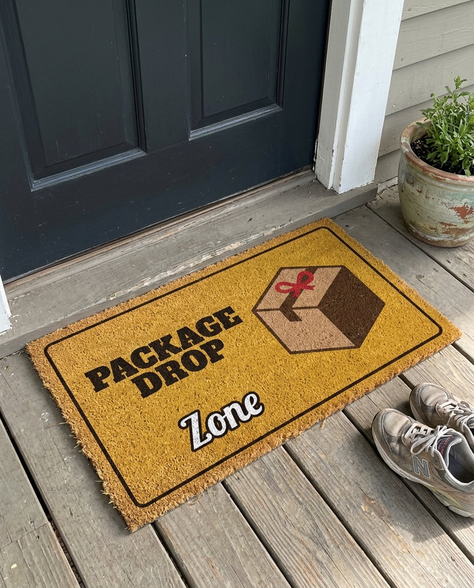 Package Drop Zone delivery doormat on a front porch