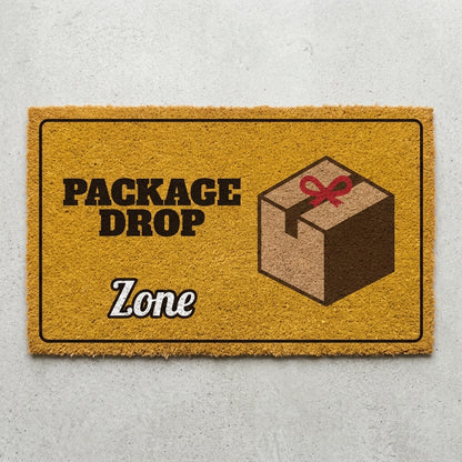Package Drop Zone doormat 30x18 in mustard with a box and a red ribbon